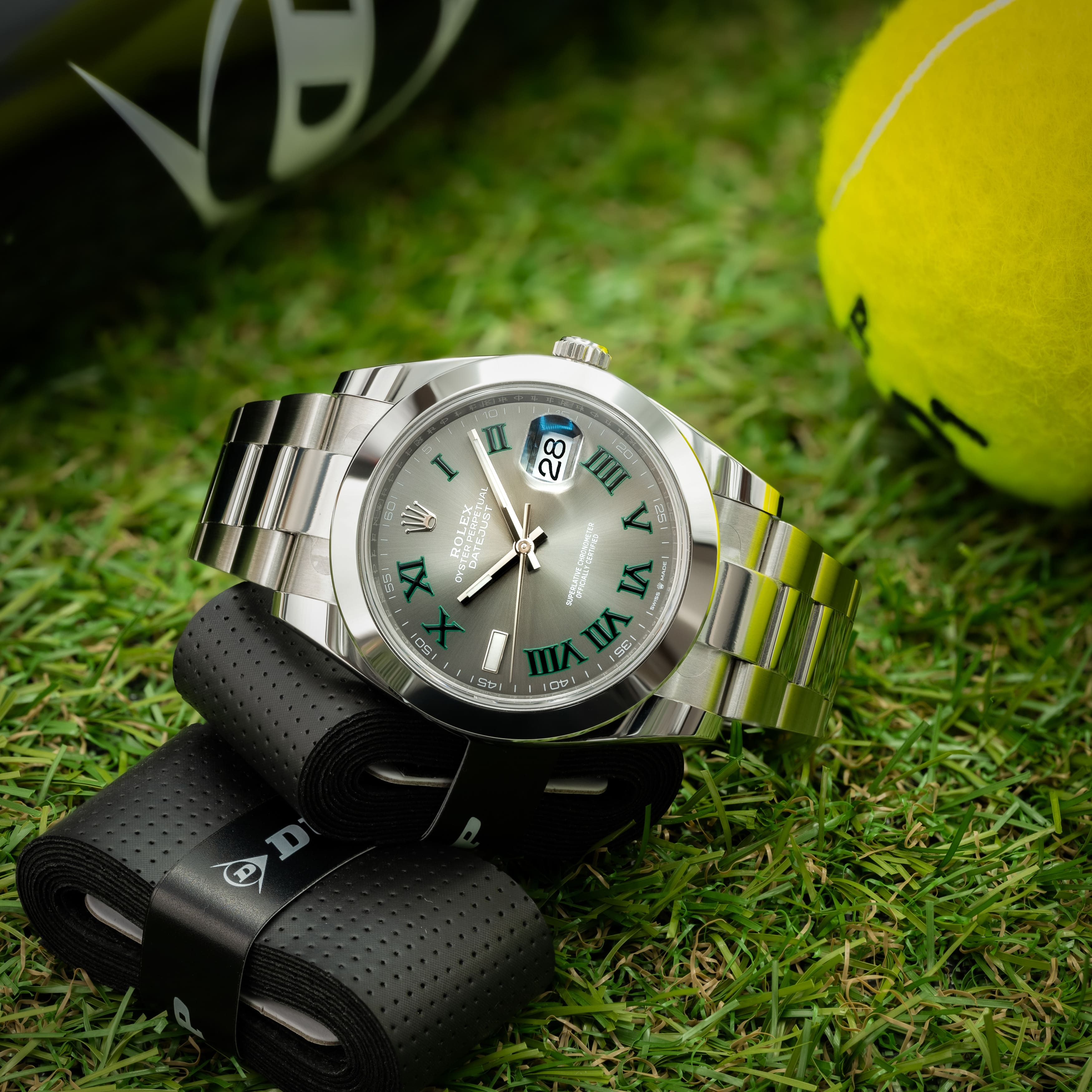Rolex Datejust 41 Herrenuhr Wimbledon Zifferblatt mit Tennis-Dekoration